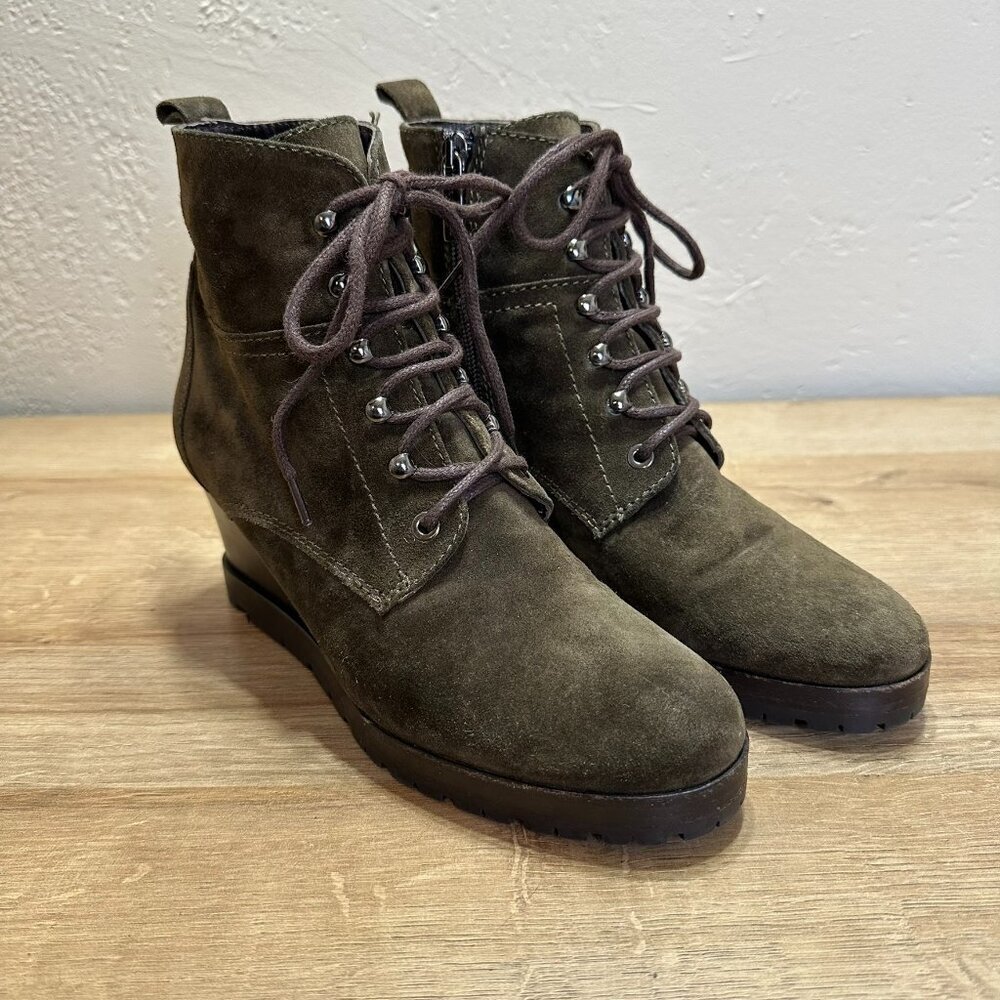 Aquatalia Suede Lace‎ Up Wedge Bootie in Olive